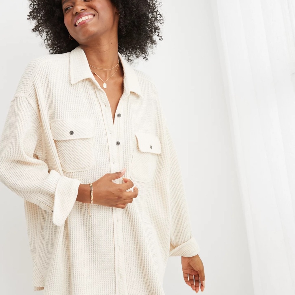 Aerie Cream Button-Up Waffle Knit Top